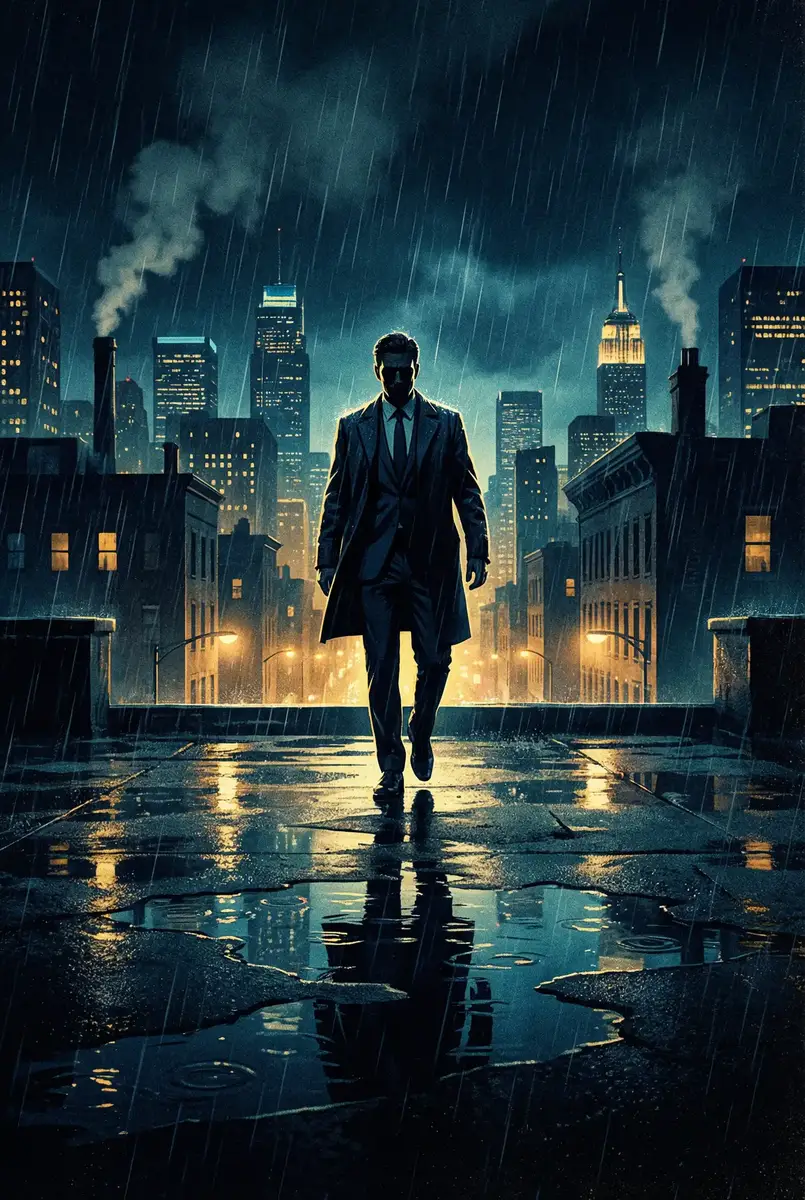 日韩一卡2卡3卡4卡乱码免费 出品影片《雨夜独行者》海报，雨中城市屋顶男性剪影
